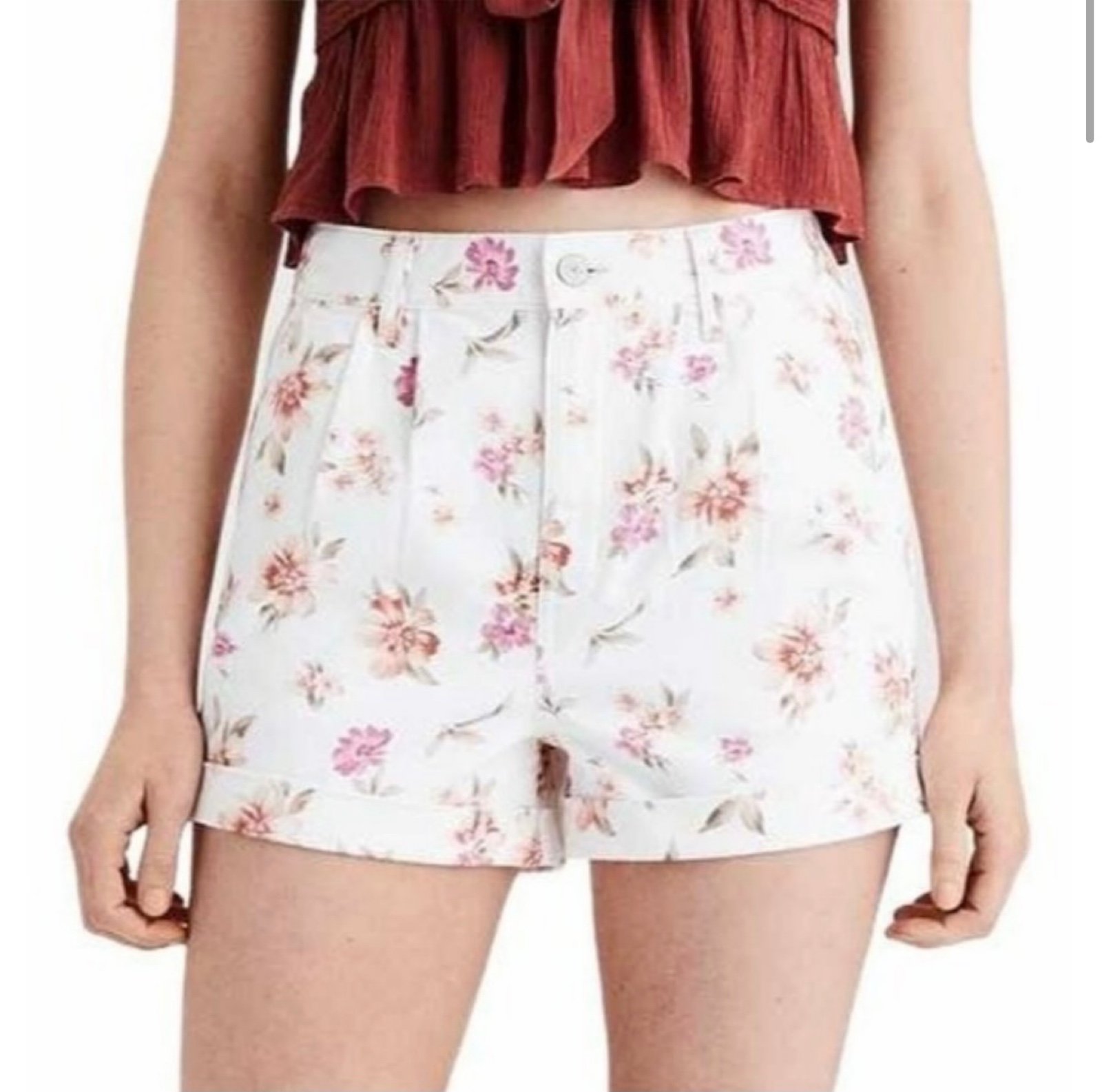 White Floral High Rise Denim Pleated Front Cuffed Mom Shorts