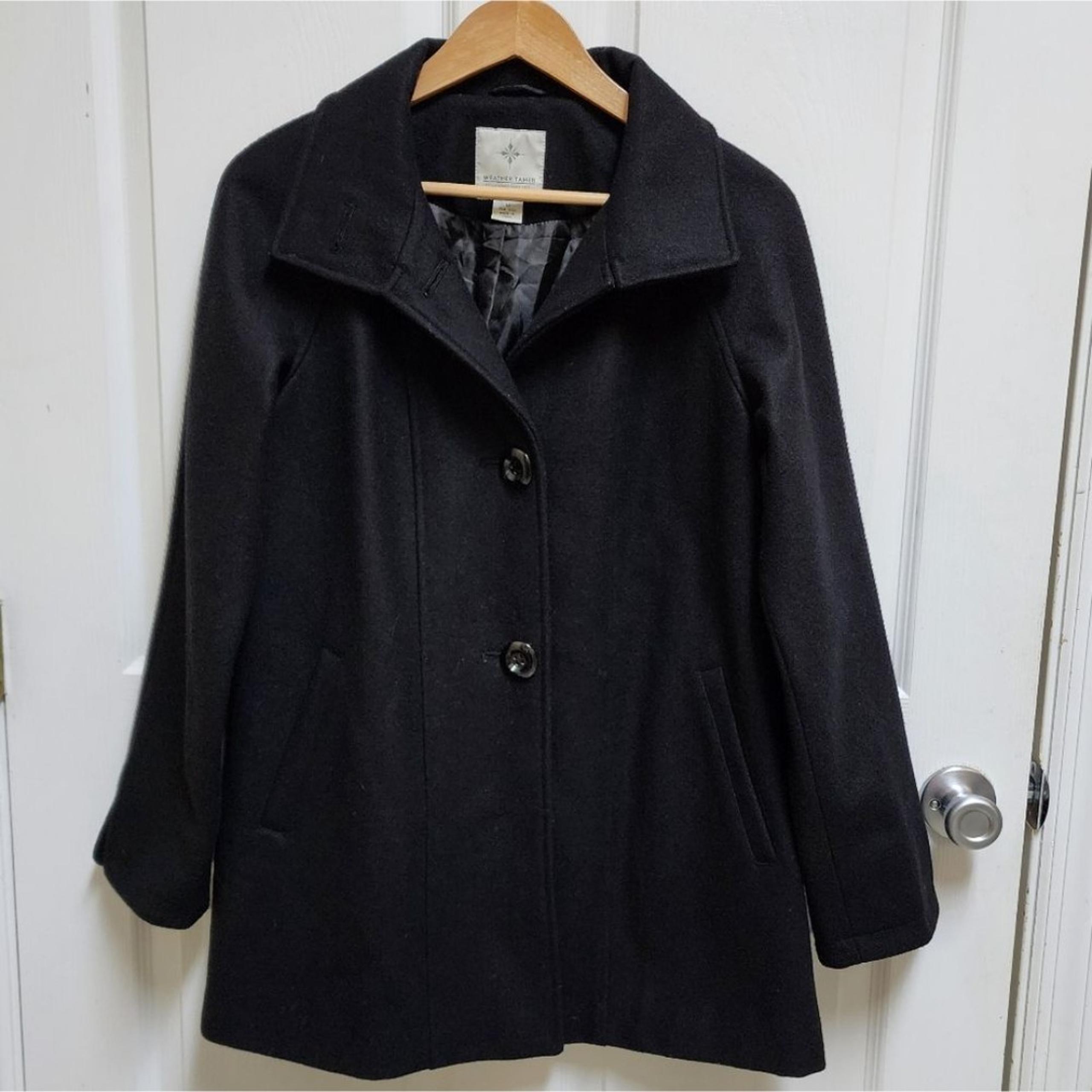 Weather Tamer Coat Womens M Black Wool Pea Coat Button Academia Warm Classic