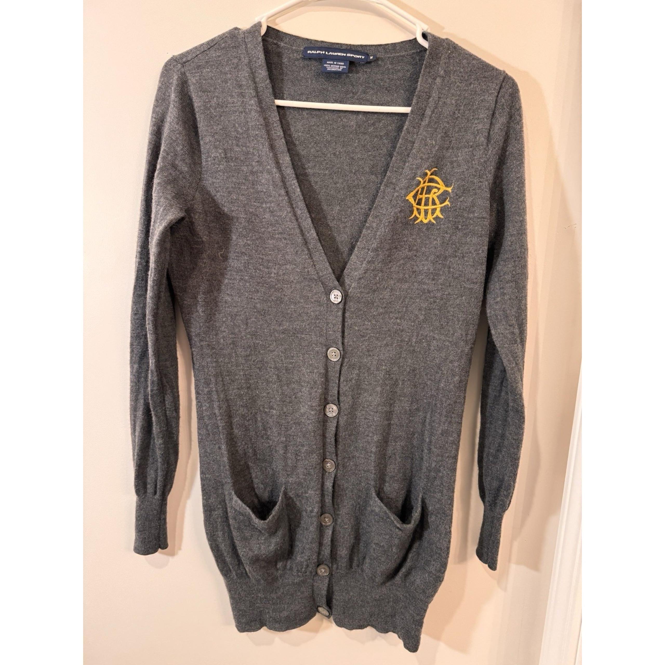 Ralph Lauren Sport Women Sweater M Gray Merino Wool Cardigan Logo Embroidered