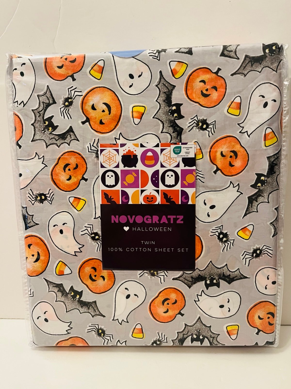 Novogratz Twin Size Halloween 100% Cotton Sheet Set Pumpkin Bat Ghost Candy