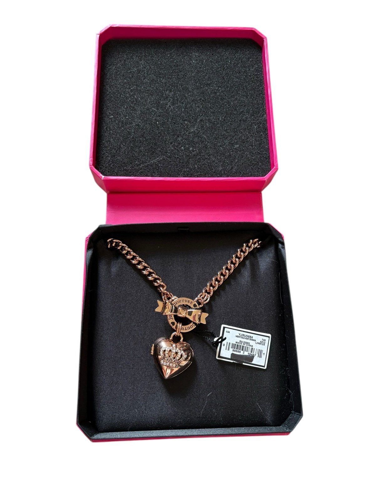 Juicy Couture Necklace Bow Toggle OS Gold Crown Y2K Puffy Heart Charm NWT & Box✅
