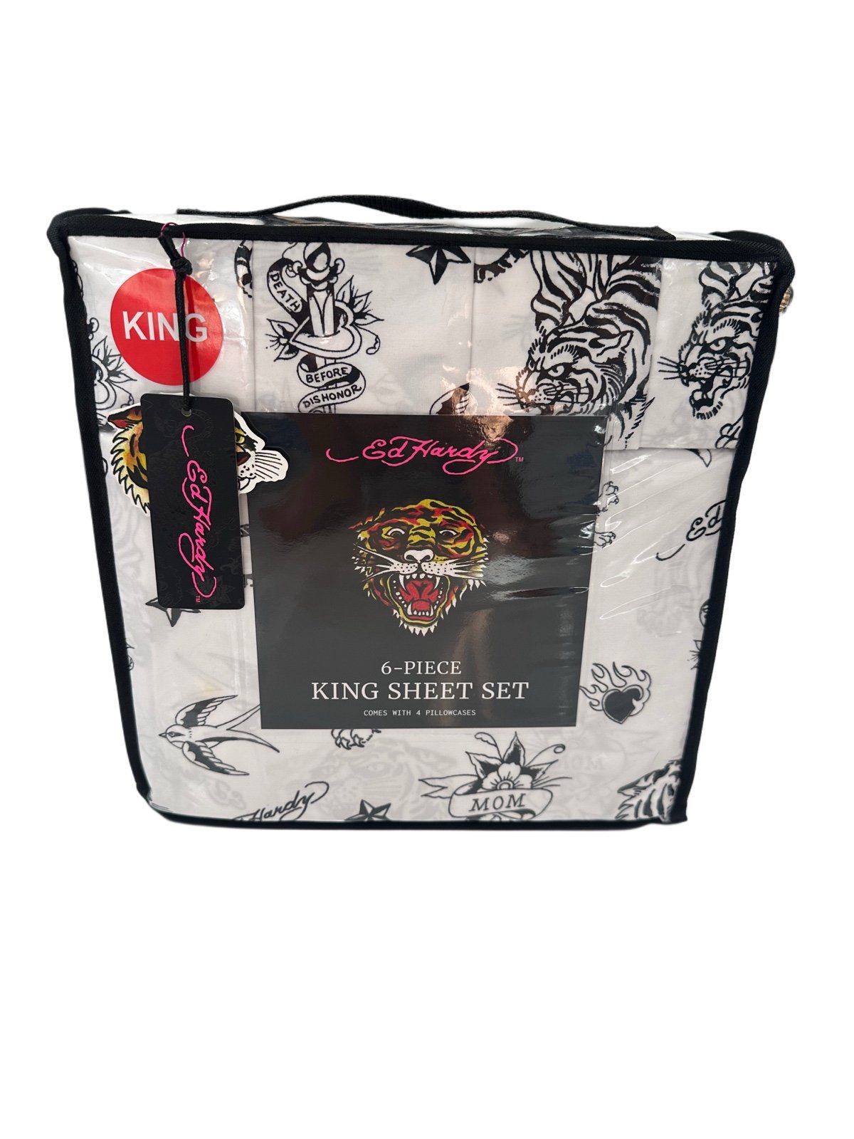 Ed Hardy King Size  Sheet Set 6-Piece Black Tiger Skull Card Print Bedding New