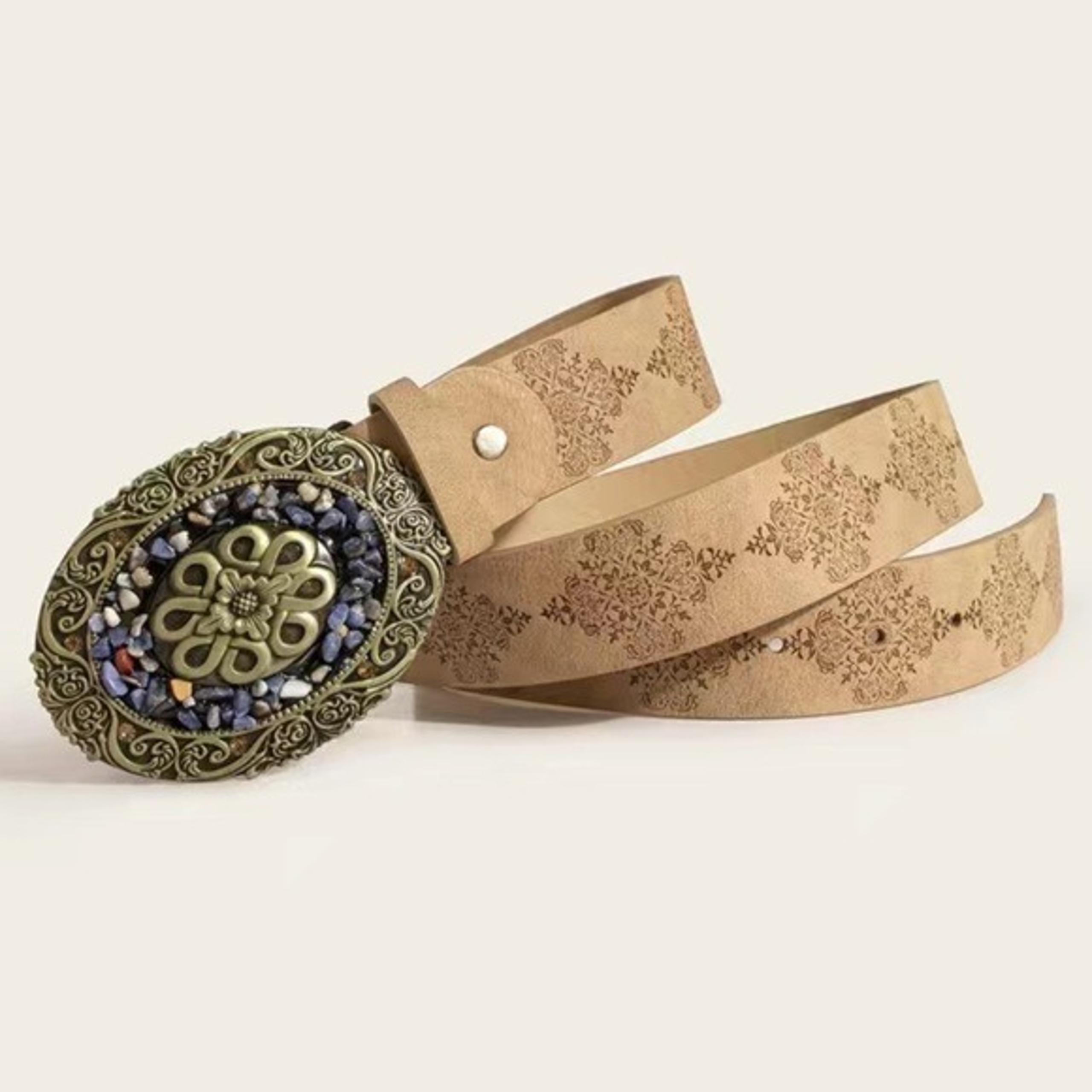 Pu Leather Boho Western Gold Gemstone Buckle Belt