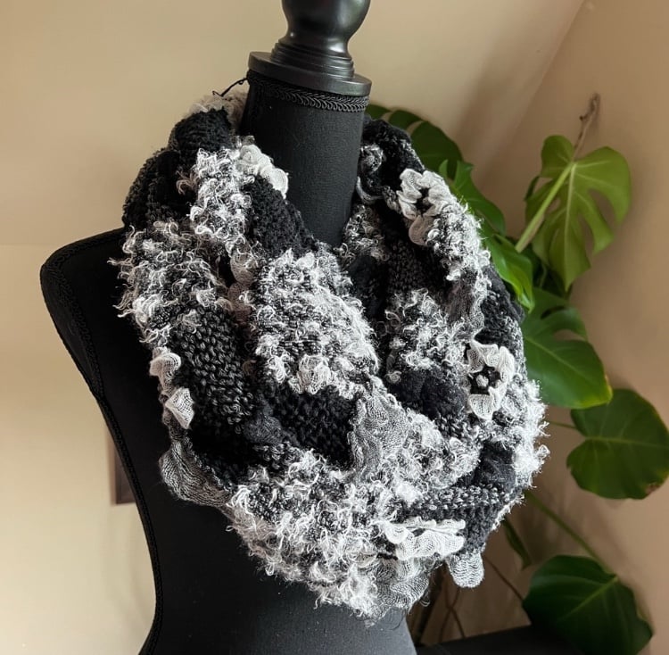 Multi Texture Chunky Infinity Scarf Long Black Gray Woven 64” GUC Estate