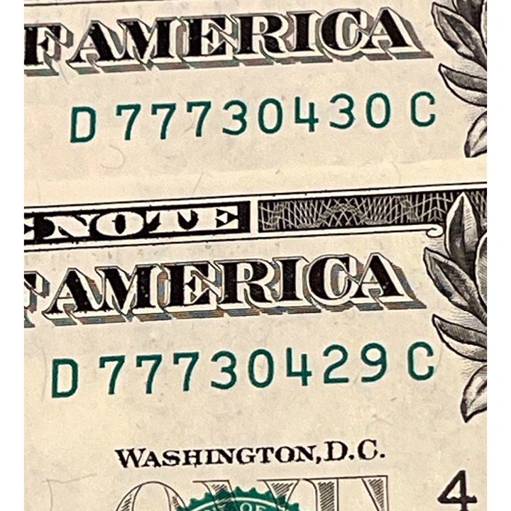 Two One Dollar Bank Notes Consecutive Bills Lucky Sevens Sequential Serial