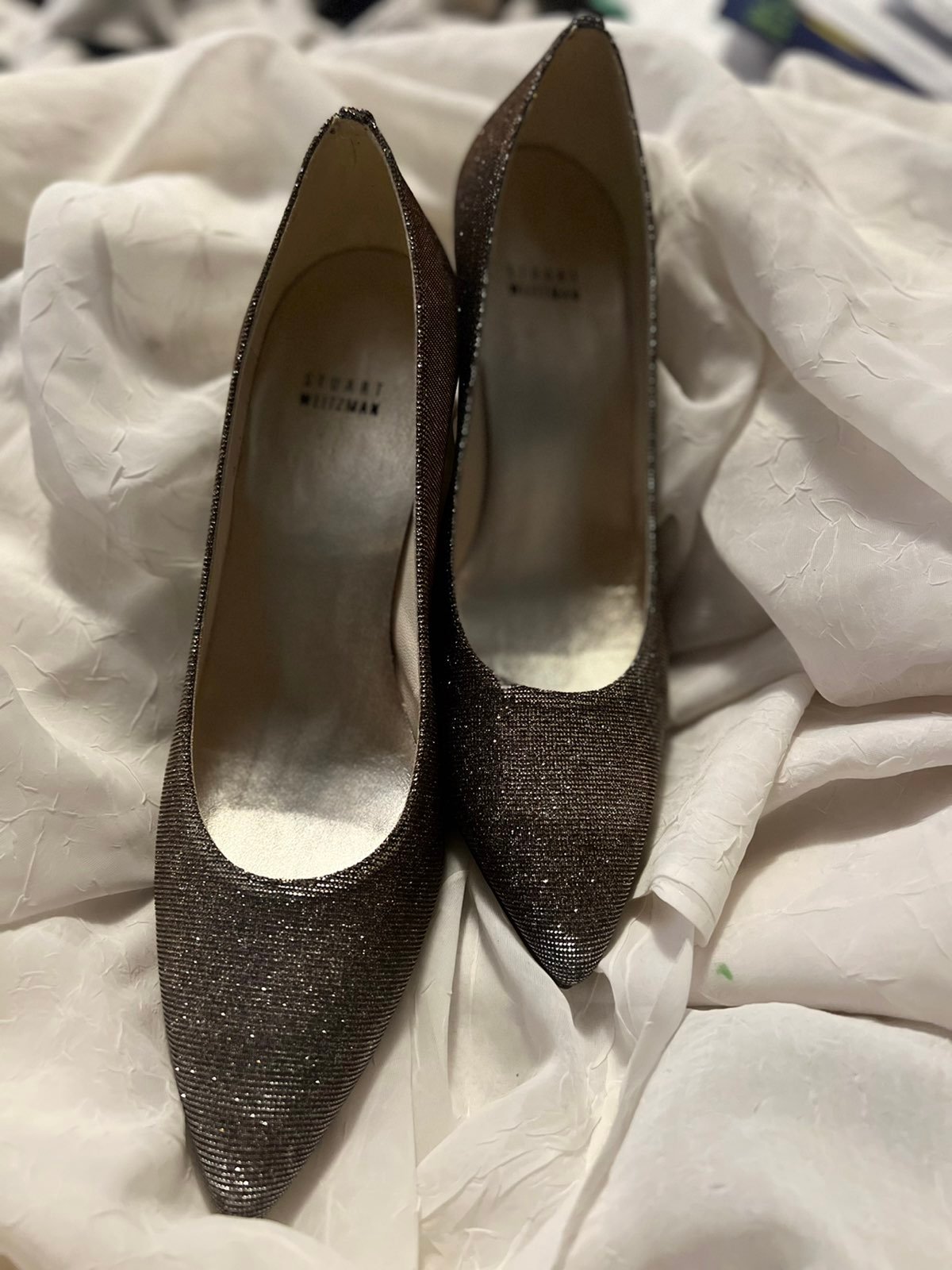 Stuart Weitzman Nouveau Metallic Glitter Point Toe heels