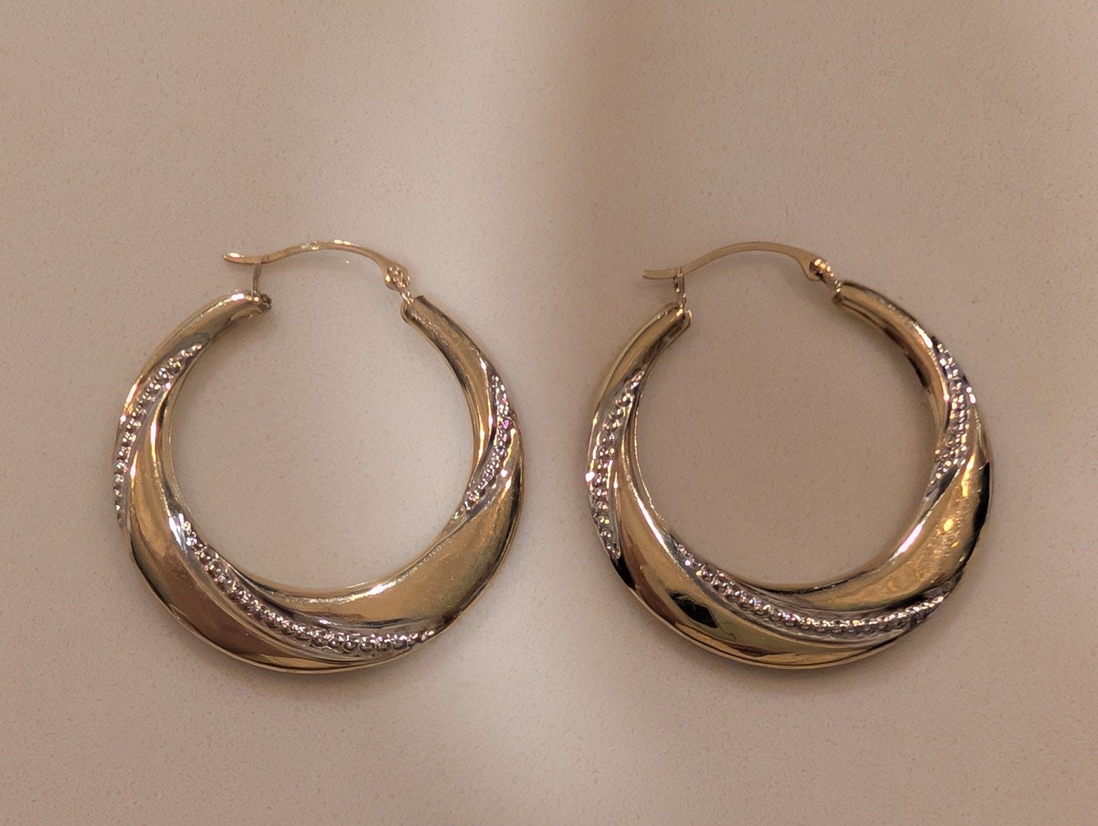 10k Two-Tone Polished & Textured Hoop Earrings