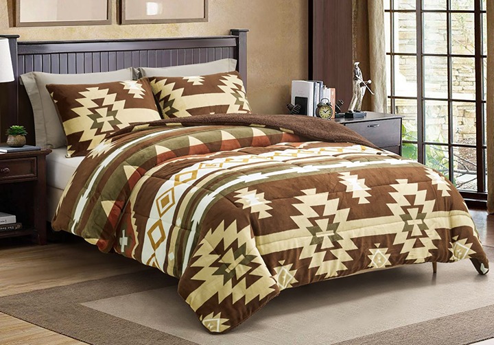 Queen Southwestern Aztec Beige Brown Warm Thick Soft Borrego Sherpa Blanket Set