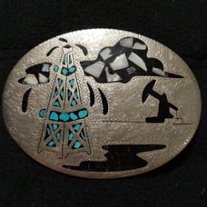 Vintage Oil Rig Pump Jack German Silver Belt Buckle Turquoise Mother of Pearl