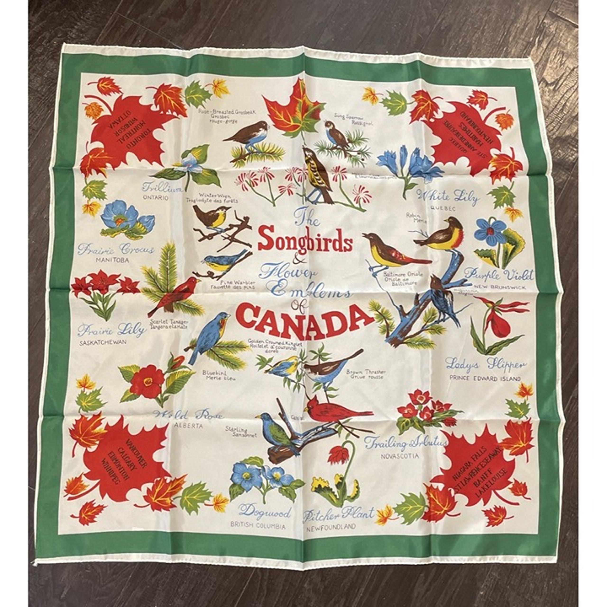Vintage Songbirds & Flowers Emblems of Canada Scarf Bird Kerchief Square 26”