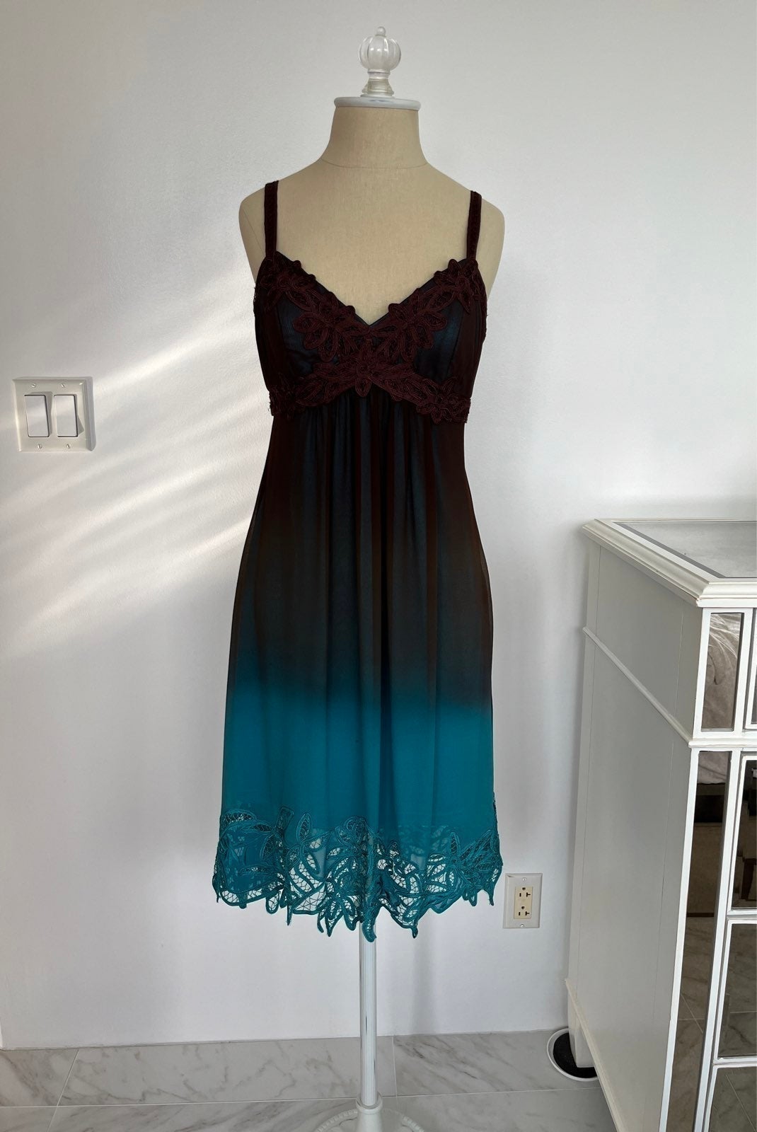 Sue Wong Silk Brown Green Gradient Lace Dress