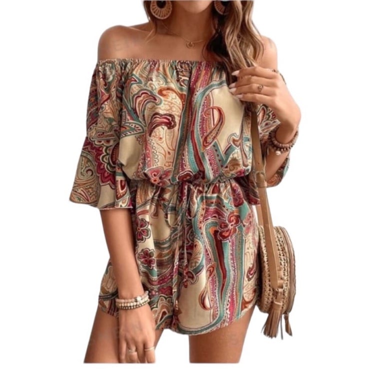Off Shoulder Paisley Print Romper