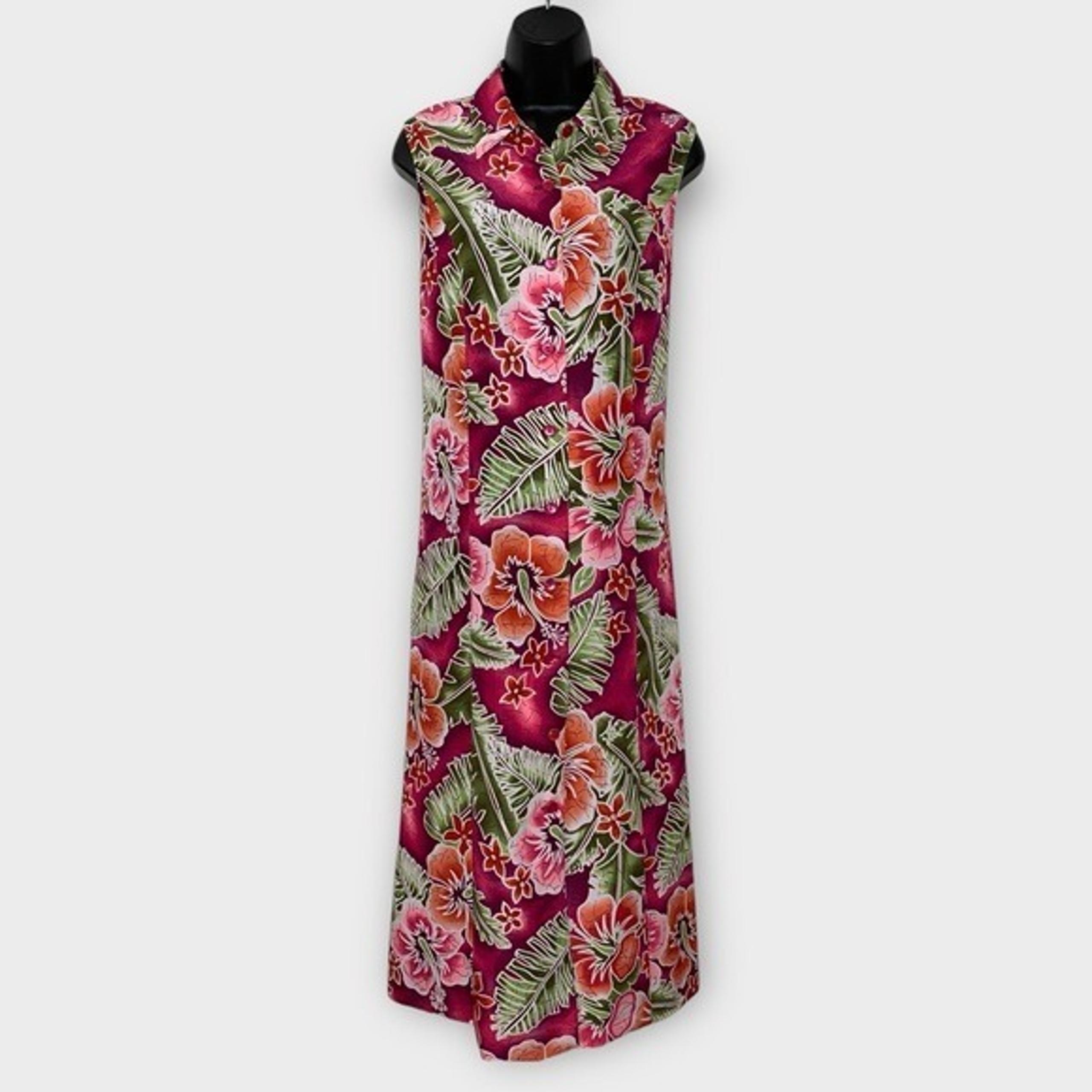 Sag Harbor Pink & Green Tropical Hawaiian Floral Maxi Dress Size 12 Petite