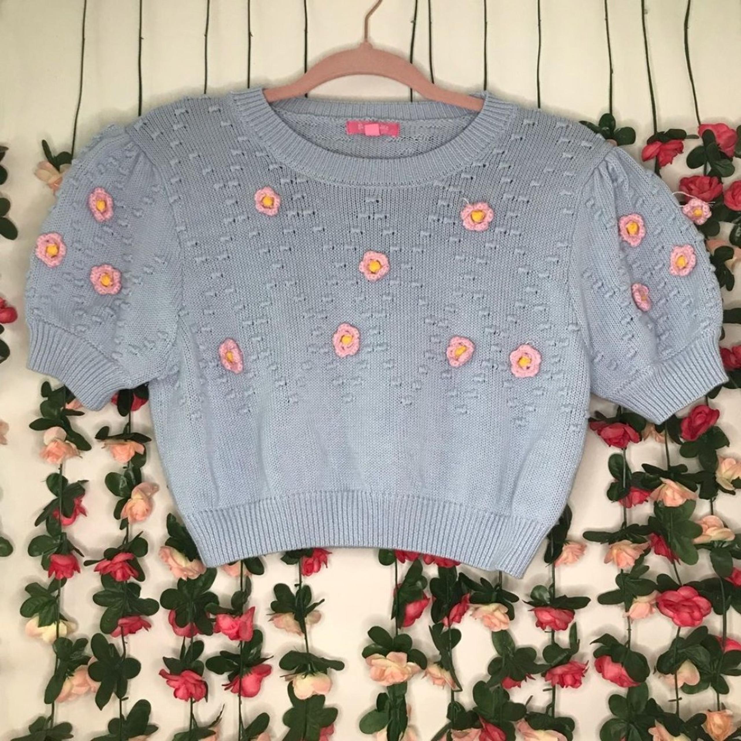 Dolls Kill Sugar Thrillz Sky Blue Short Sleeve Knit Top with Pink Flower Accents