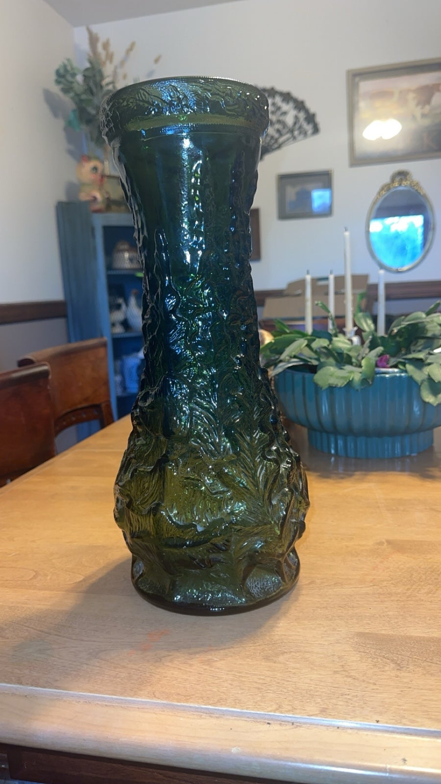 Vintage Green Embossed Foxtails Oak Leaf Rustic Textured Glass Vase 16 Tall
