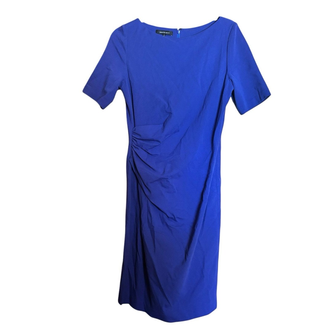 Lafayette 148 New York Sheath Dress Womens 8 Blue Ruched Short Sleeve Cocktail