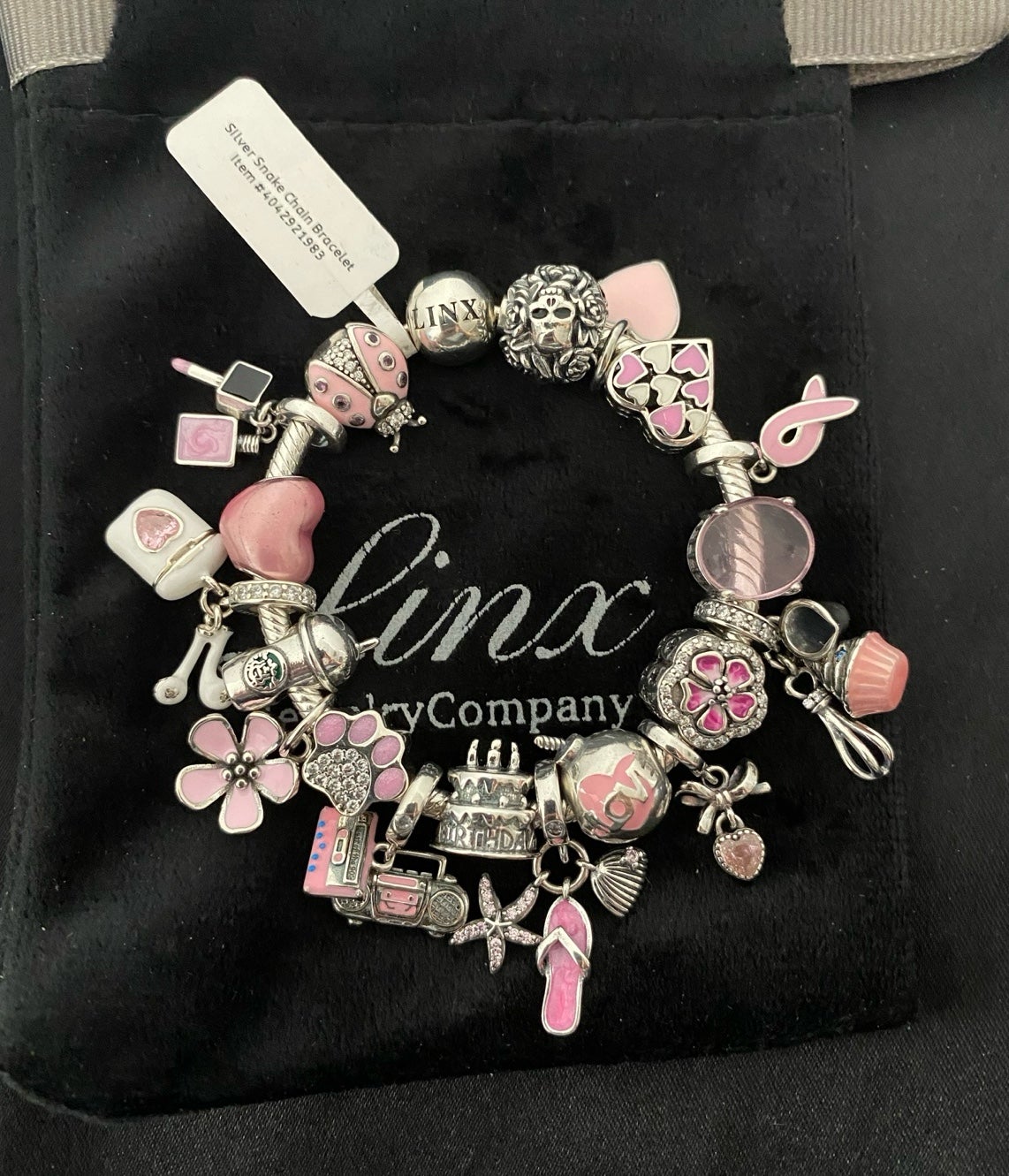 Linx Snake Chain Bracelet with Pink Themed Charms 925 sterling silver