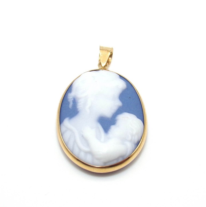 10K Yellow Gold Blue Jasper Mother Baby Oval Pendant