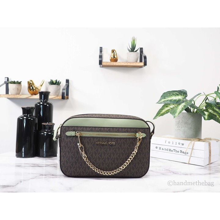 NEW Michael Kors Jet Set Crossbody Bag Large EW Brown Sage PVC Leather Zip Chai