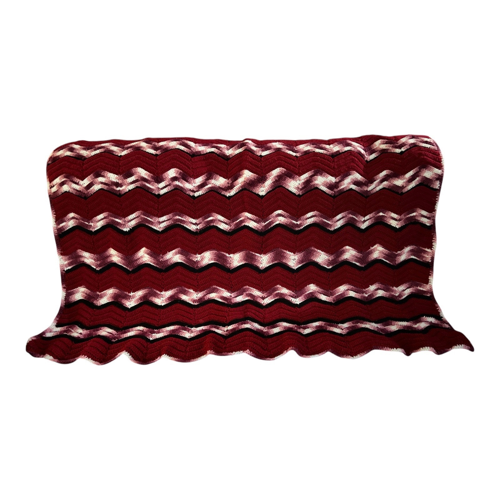 VINTAGE CROCHET AFGHAN THROW BLANKET-Chevron Zig Zag 59”x45” Burgundy Pink Cream