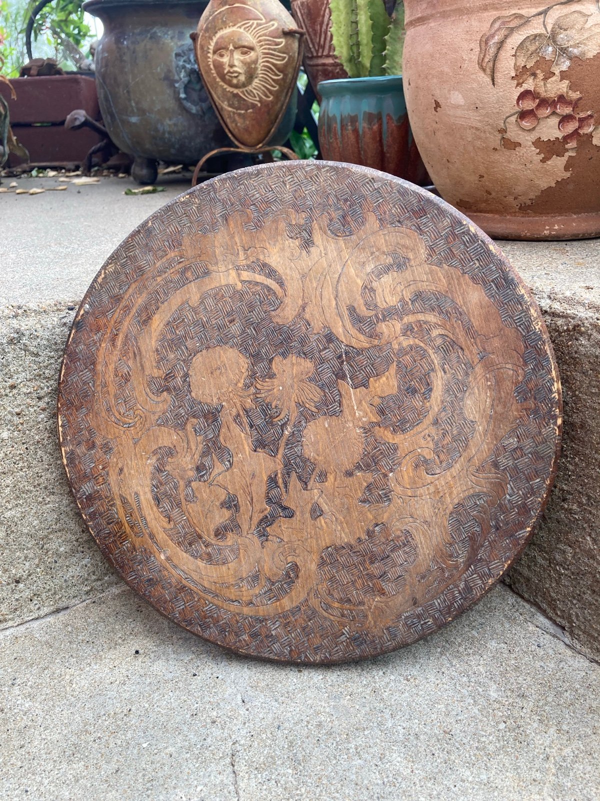 Antique Flemish Art Pyrography Poppy Floral Wall Plaque 10.75”