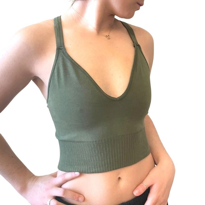 FREE PEOPLE FP MOVEMENT GOOD KARMA ARMY GREEN CROP TOP SZ:M/L NWOT