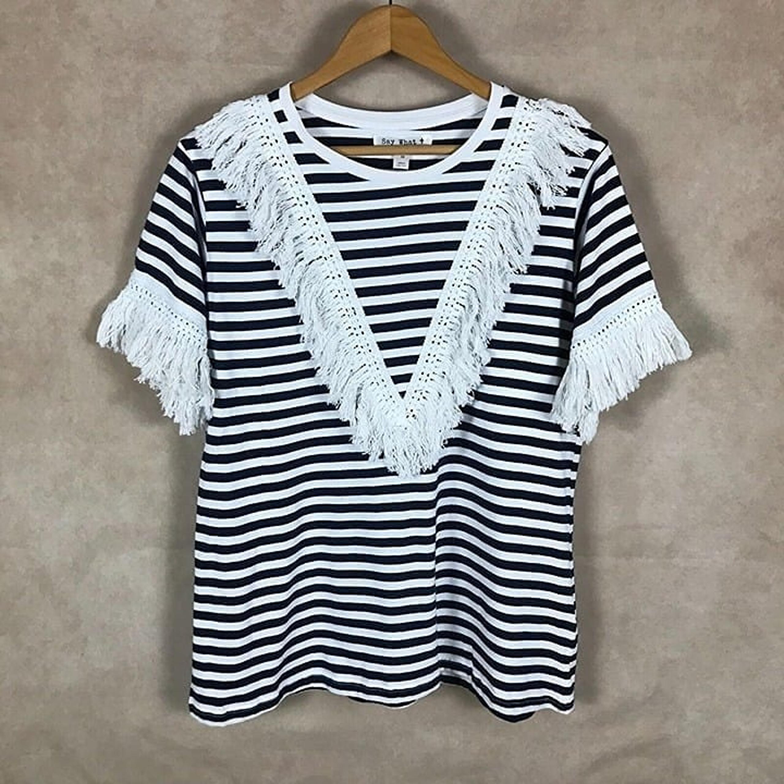 SAY WHAT Cotton Fringe Striped T-Shirt NEW Size 1X