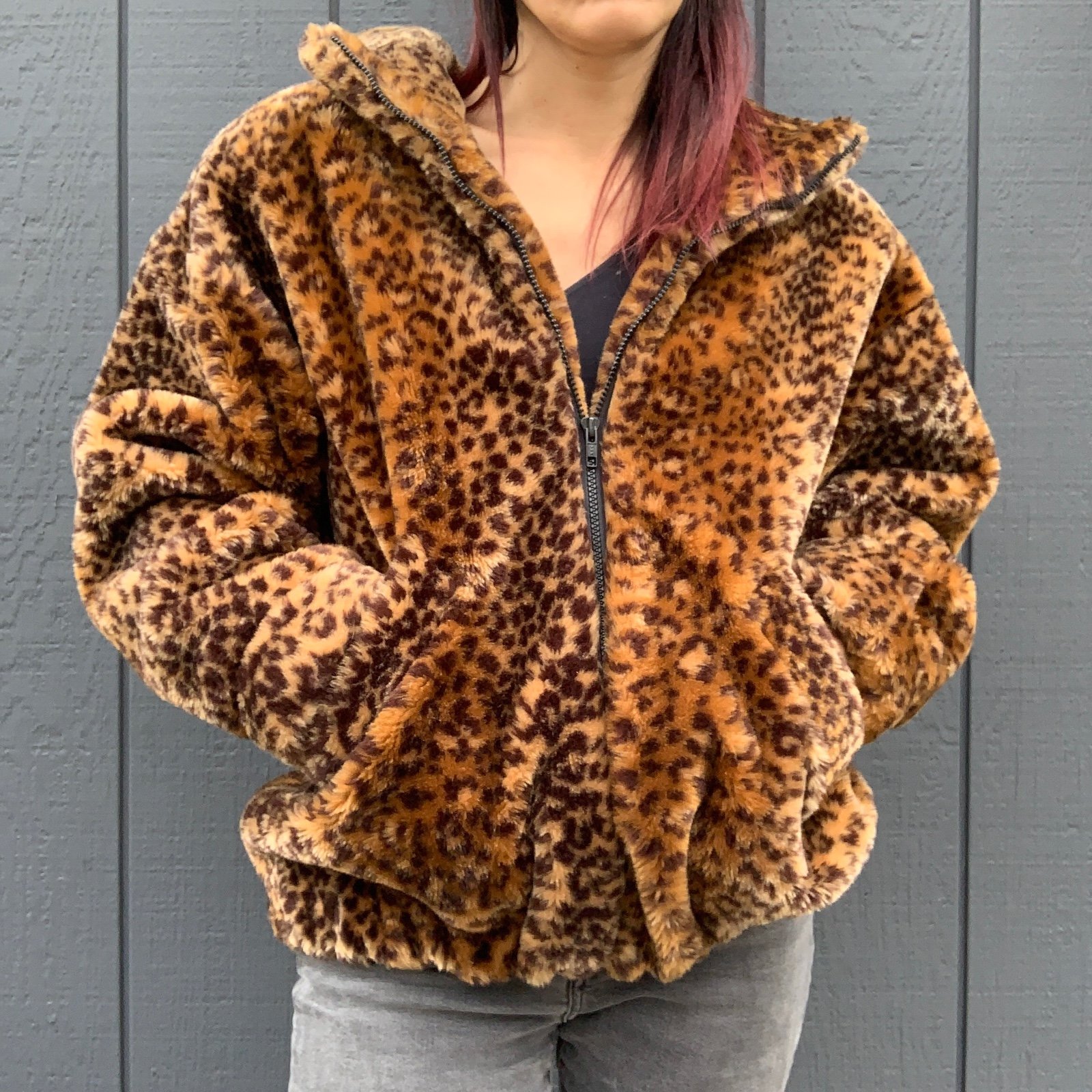 Vintage Monterey Fashions fuzzy leopard zip-up jacket Sz M