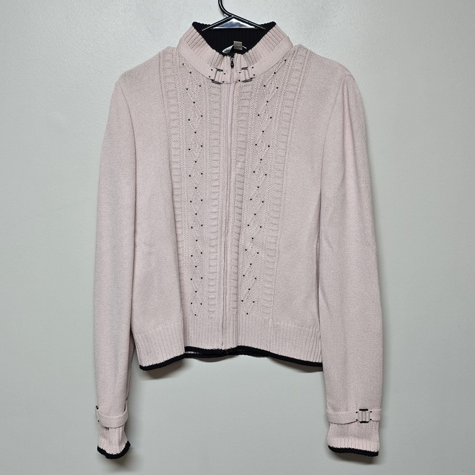 St John Collection Santana Knit Sz 8 Cardigan Sweater Jacket Pink/Black Luxury