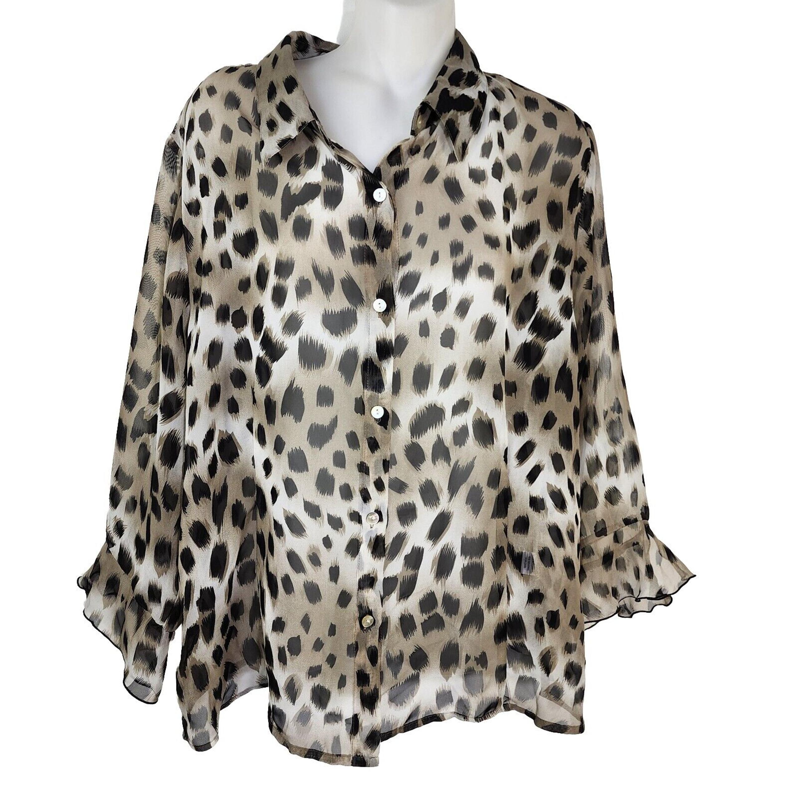 Nicola Womens Blouse Shirt Size XL Button Up Animal Print Long Sleeve Sheer Poly