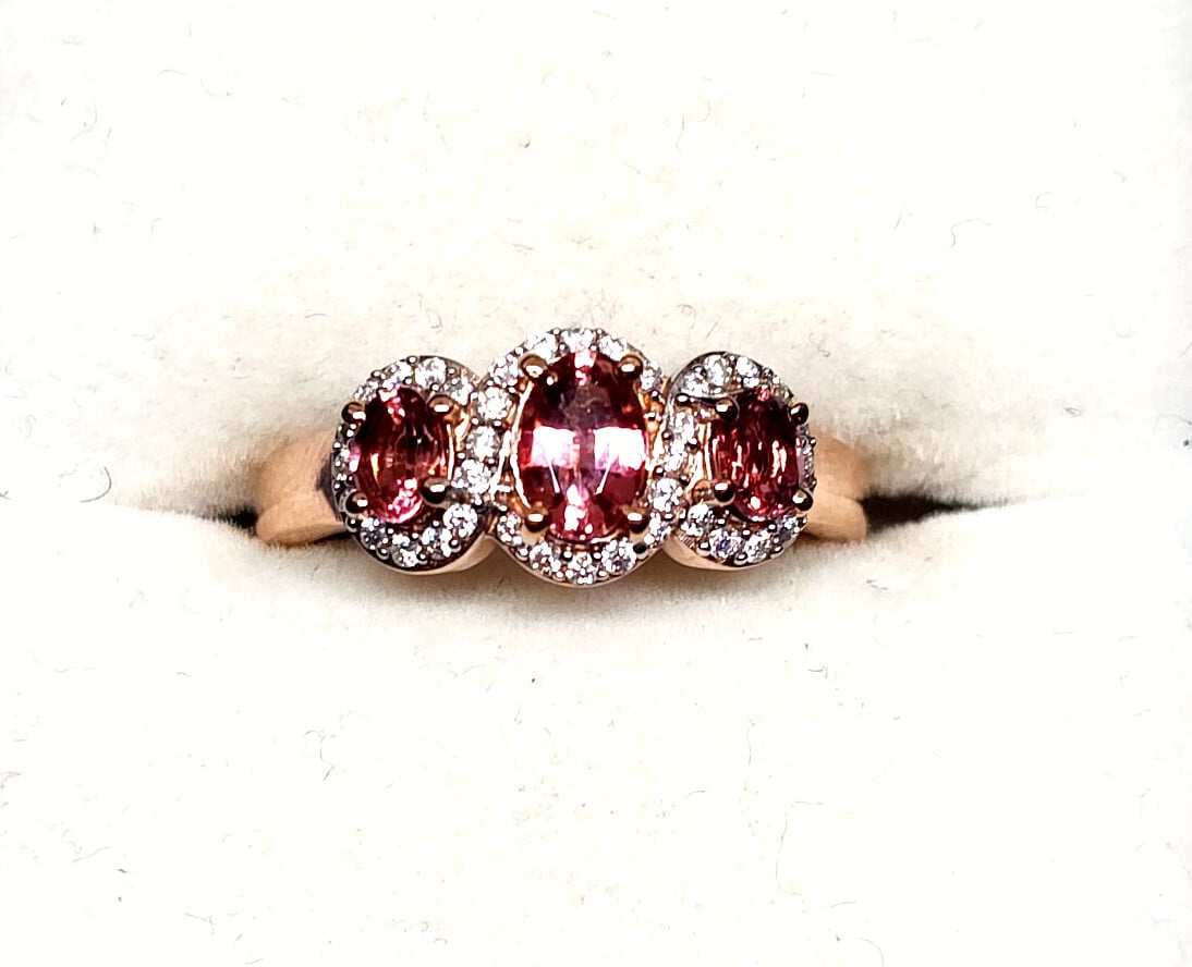 Rubellite & Moissanite triple halo ring in 18k RG over 925 Sterling sz 6 1.15 ct