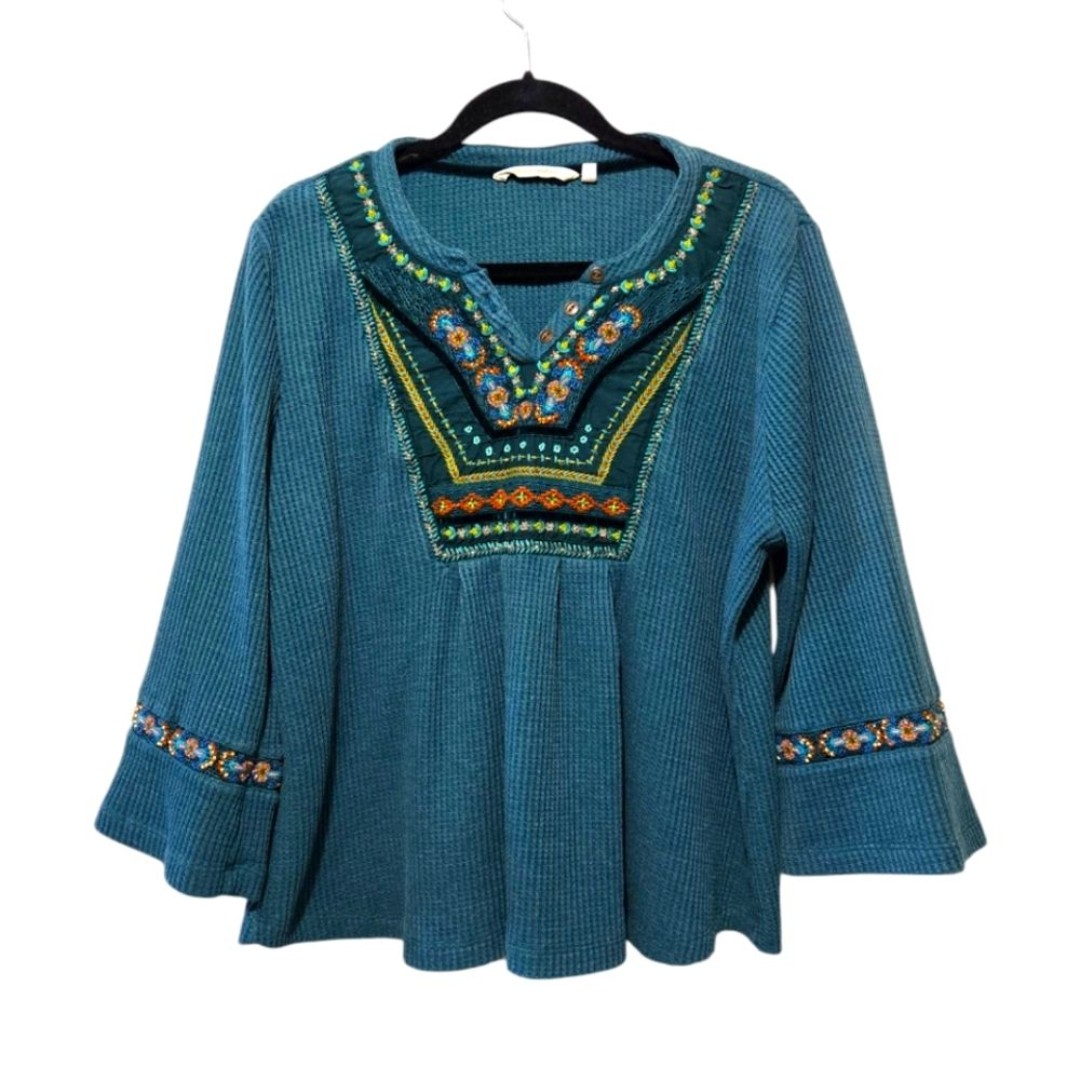 Soft Surroundings Gabriel Waffle Knit Embroidered Beaded Flared Sleeve Boho Top
