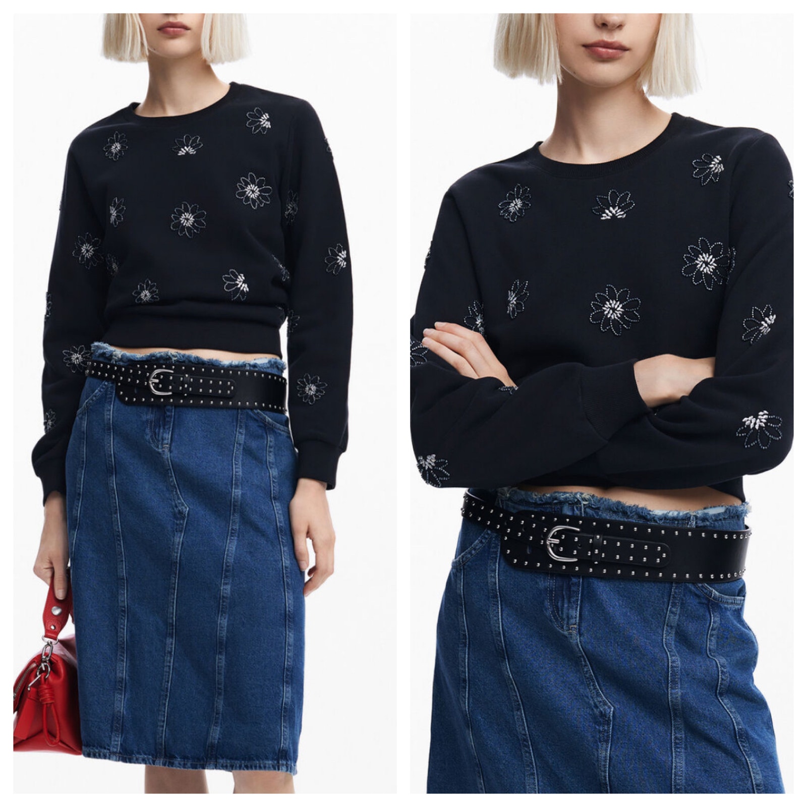 Desigual NWT Black Cotton Beaded Embroidered Floral Jewel Sweatshirt size XL