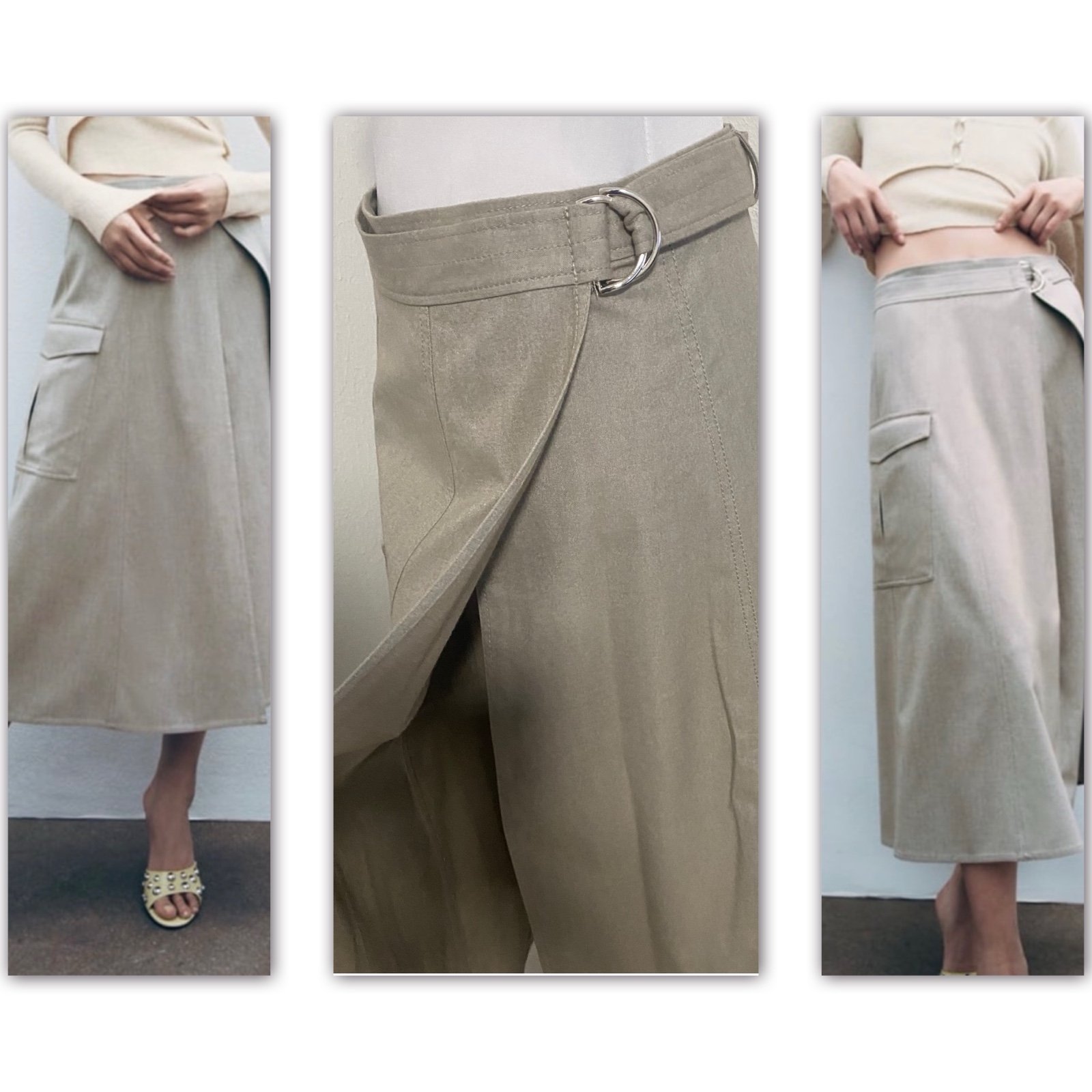 Zara NWT Beige High Waisted Cargo Midi Wrap Skirt Y2K Dress Up or Just Casual