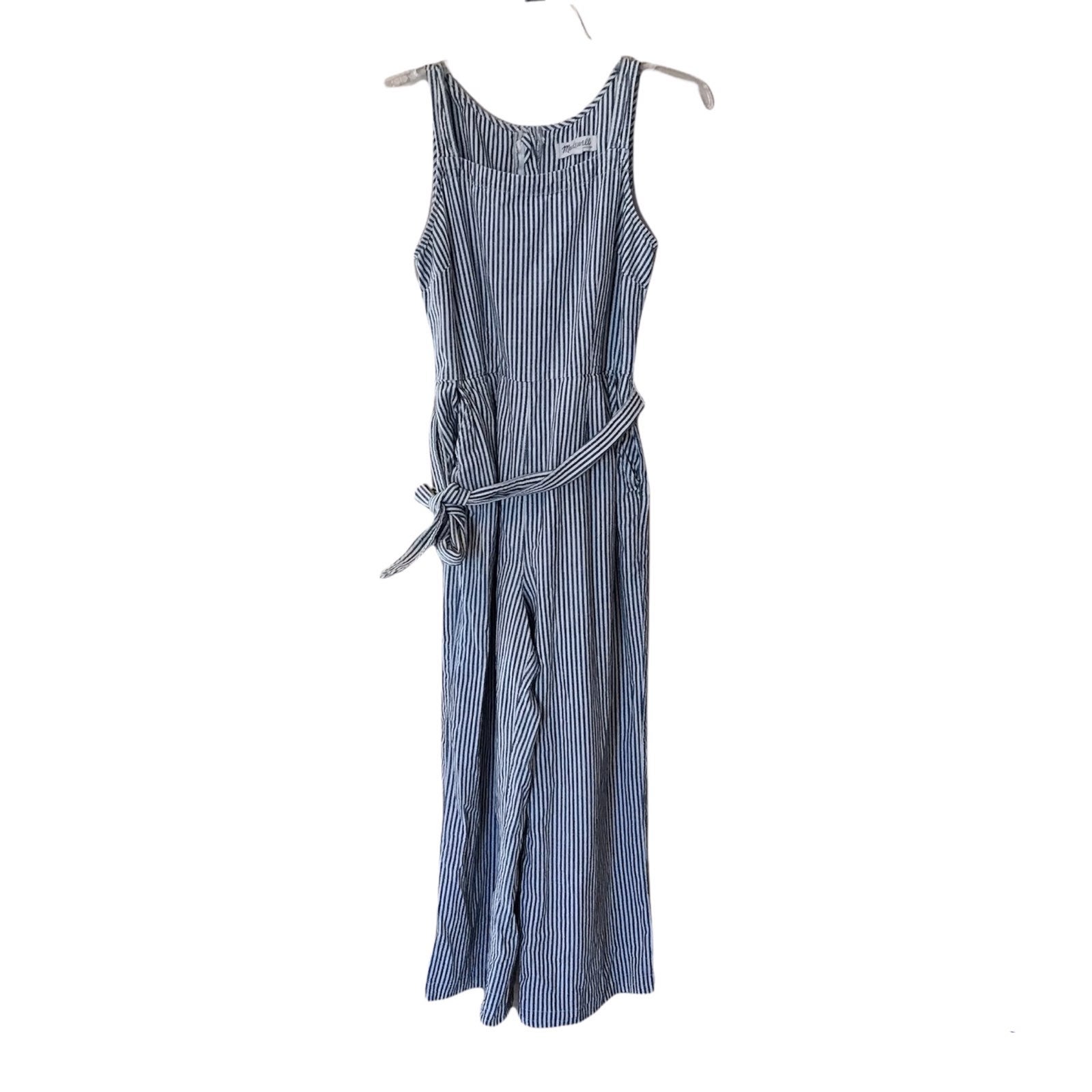 Madewell Vertical Blue and White Striped Overalls with Tie