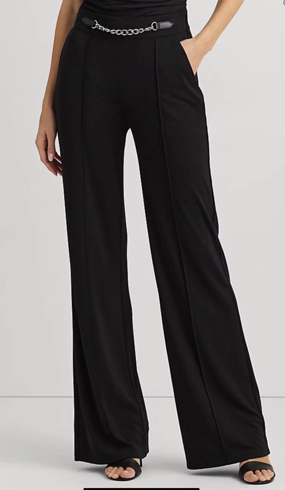 Lauren Ralph Lauren Women’s Chain-Trim Jersey Wide-Leg Pant Black Sz 12 NWT
