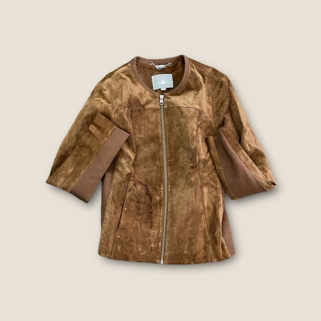 Soia & Kyo Suede Leather Jacket Full Zip Ribbed Panels Brown M