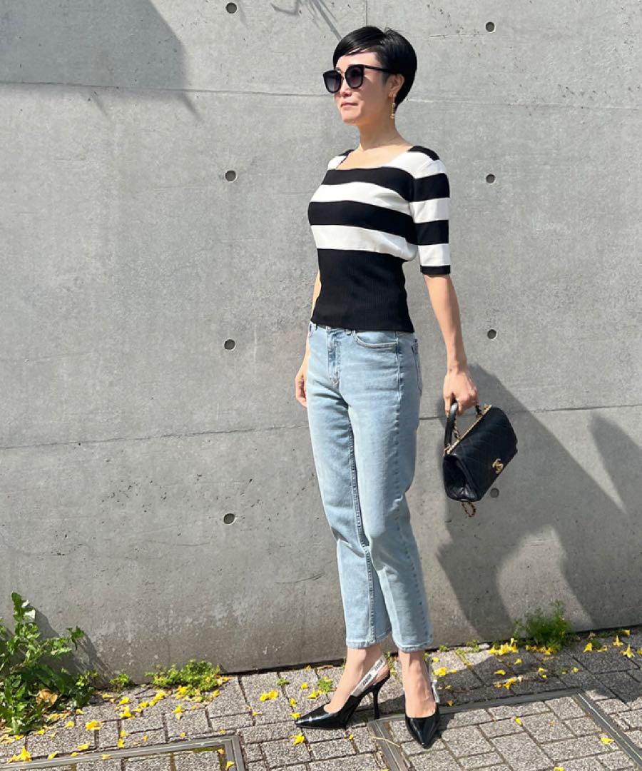 [Sold Out] JENNE Square Neck 5-Sleeve Border Knit M