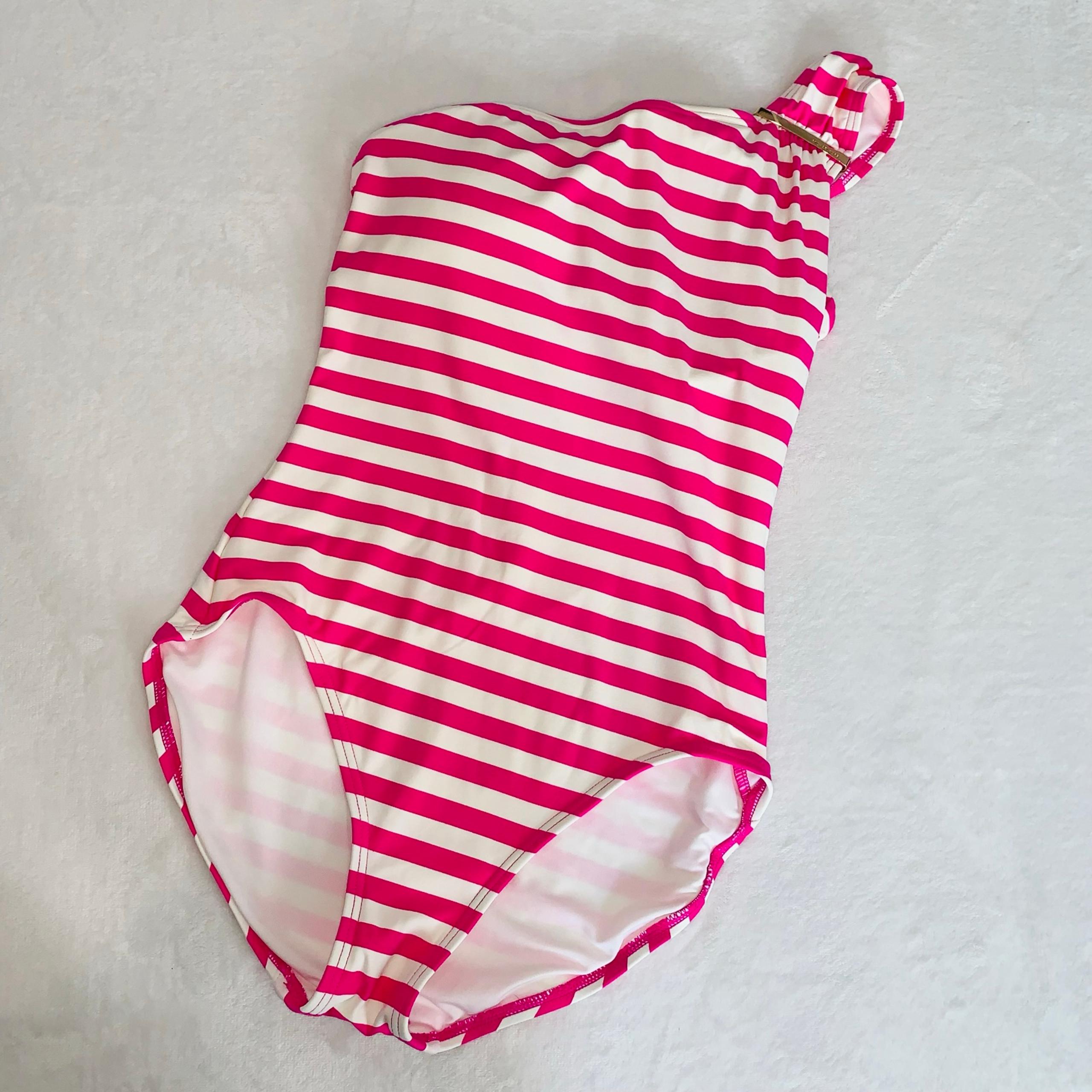 Michael Kors one piece one shoulder swimsuit size 10 pink white striped   Detach
