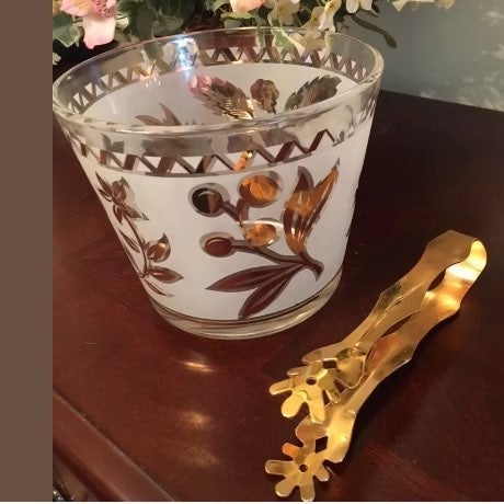 Vintage Ice Bucket & Tongs Frosted Gold