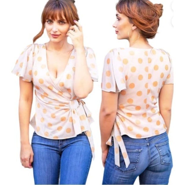 Anthropologie Shimmer Polka Dot Wrap Top Size Medium Light Pink & Orange NWT