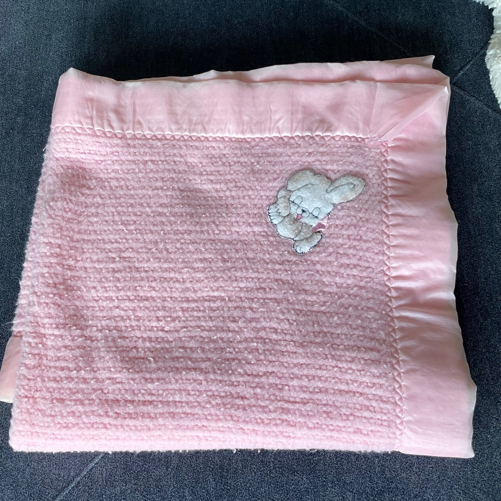 Vintage Waffle Weave Baby Blanket Nylon Trim Pink Bunny 36x50