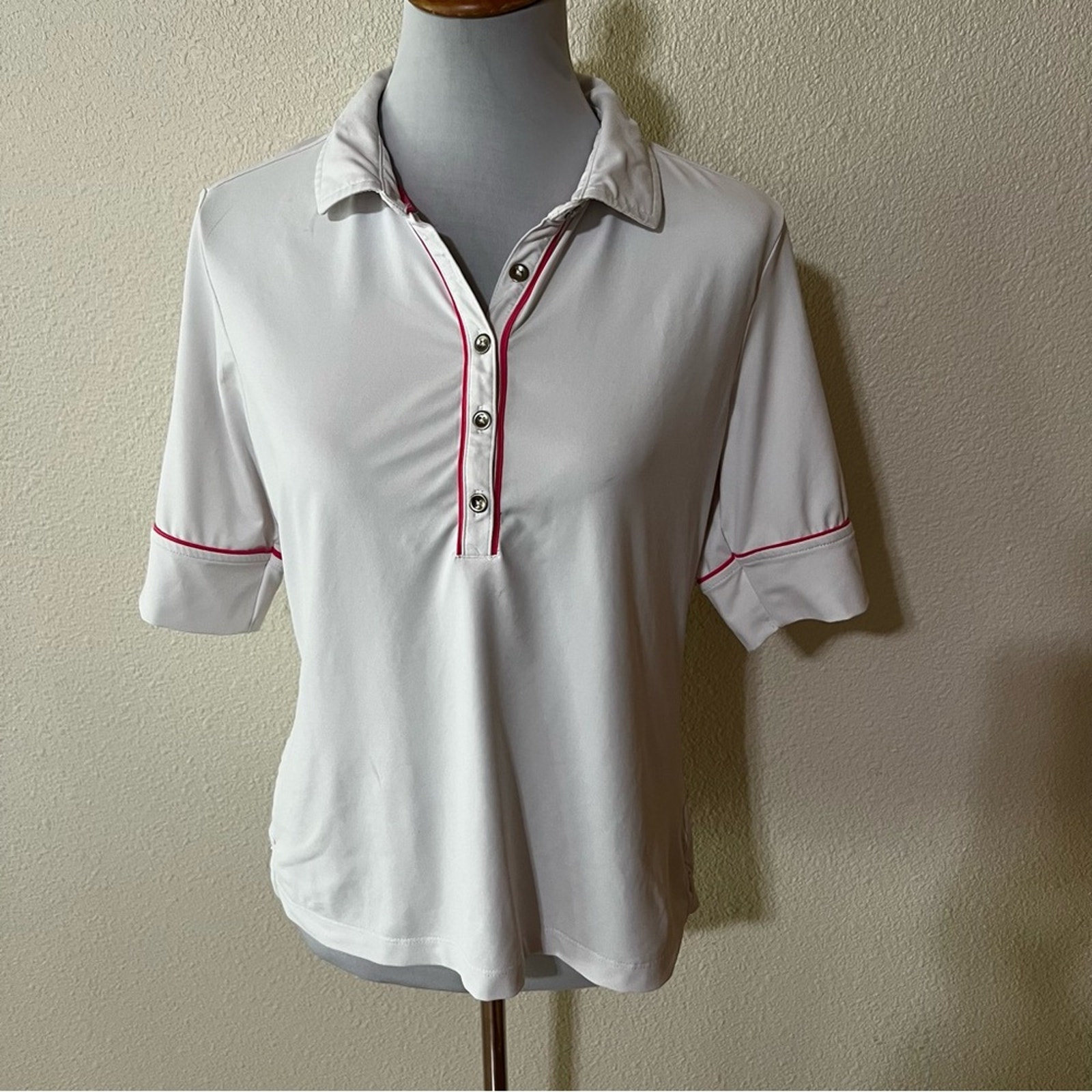 Fairway & Greene white pink short sleeve collared 1/4 button golf shirt L