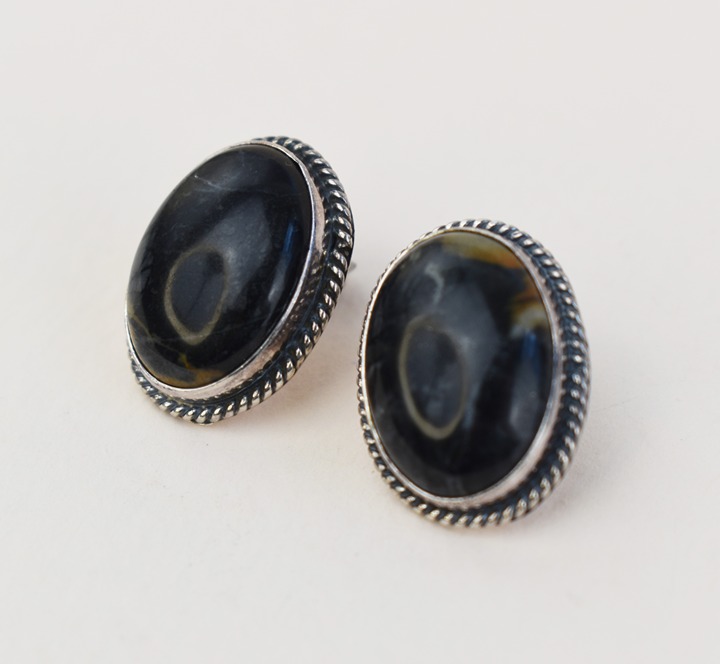 Large jasper earrings stud, bold black oval earrings sterling silver