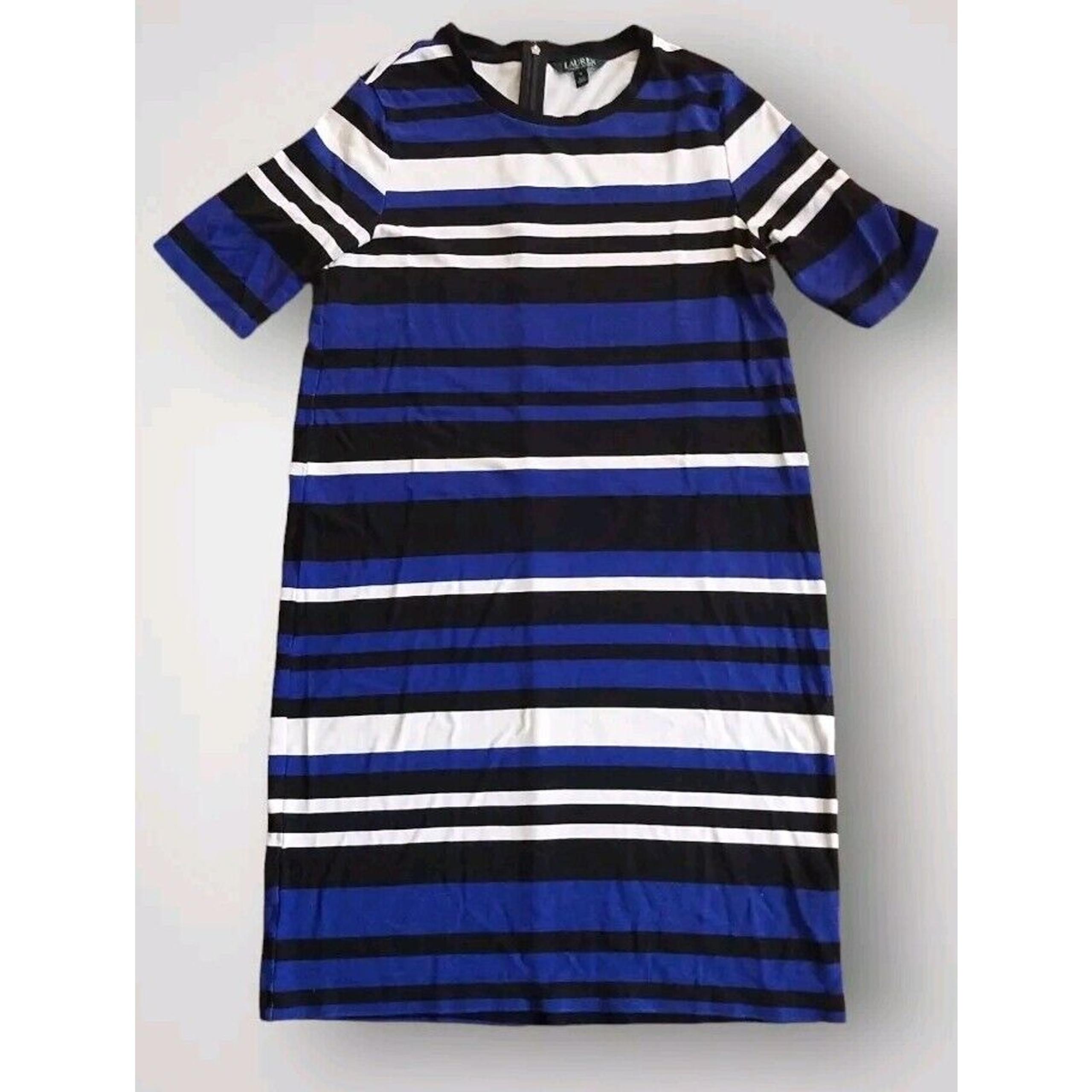 Lauren Ralph Lauren Black Blue White Stripes Short Sleeve Shift Dress Size M