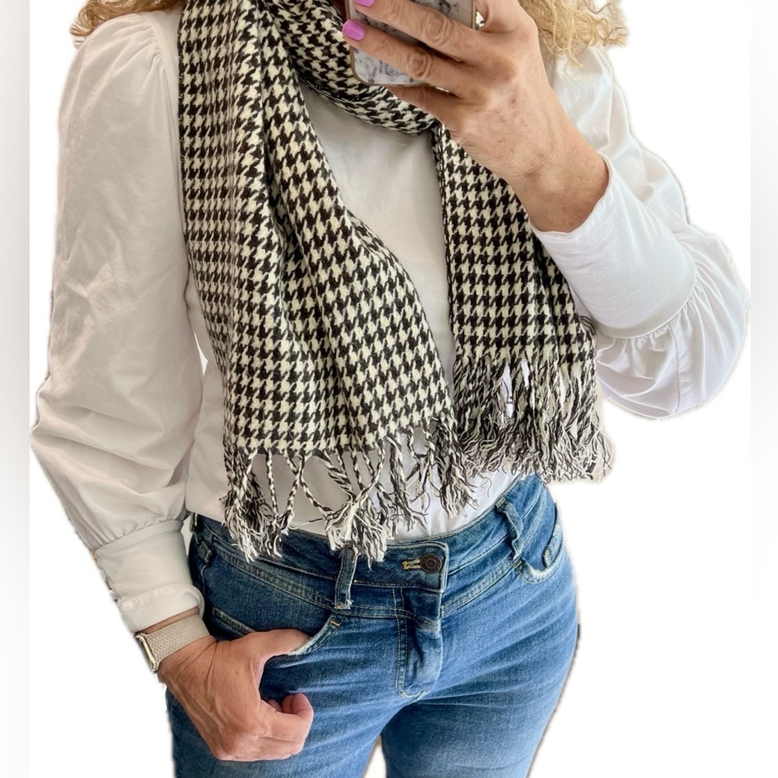 Brown Houndstooth Fringe Scarf