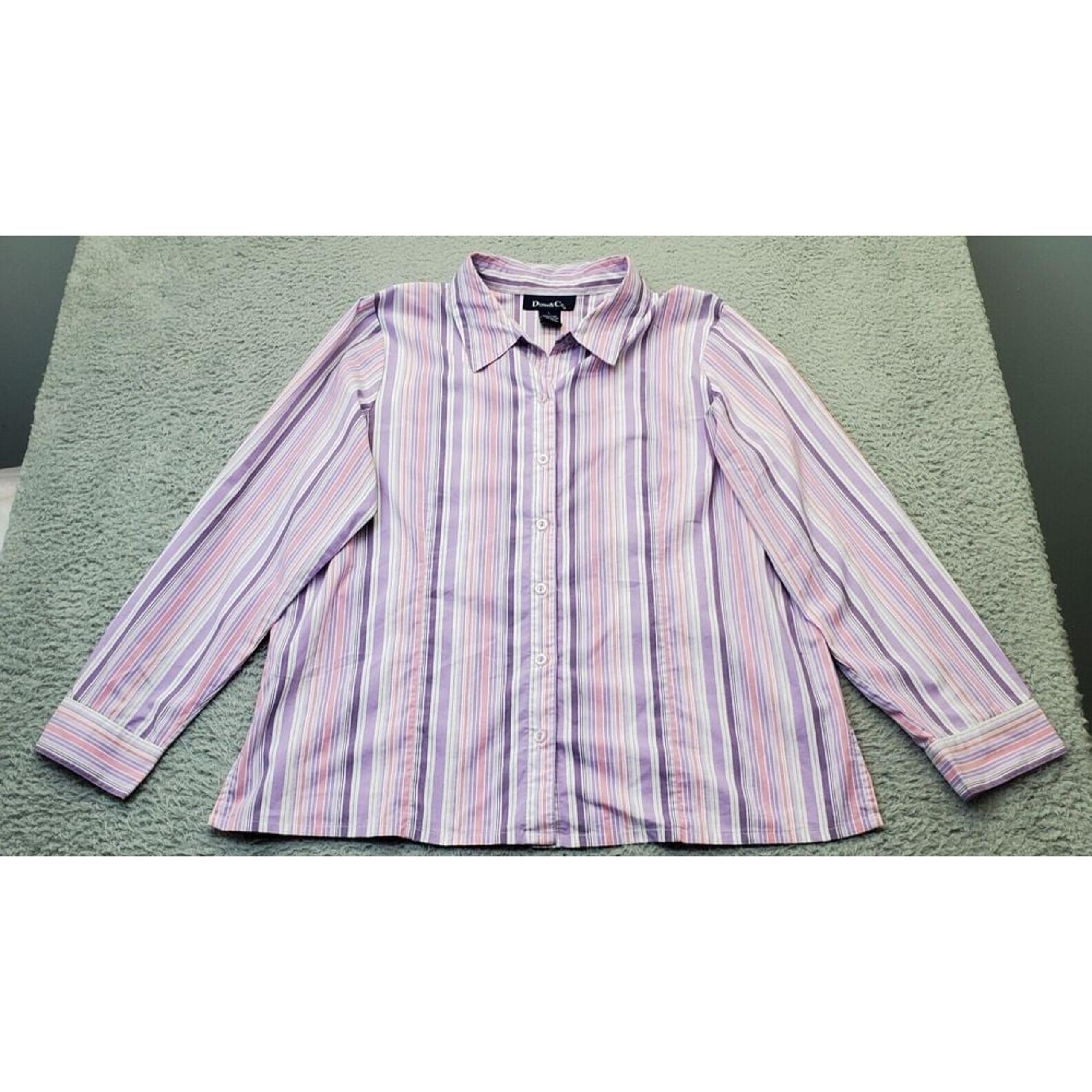 Denim & Co. Shirt Womens L Multi Striped Cotton Long Sleeve Collared Button Down