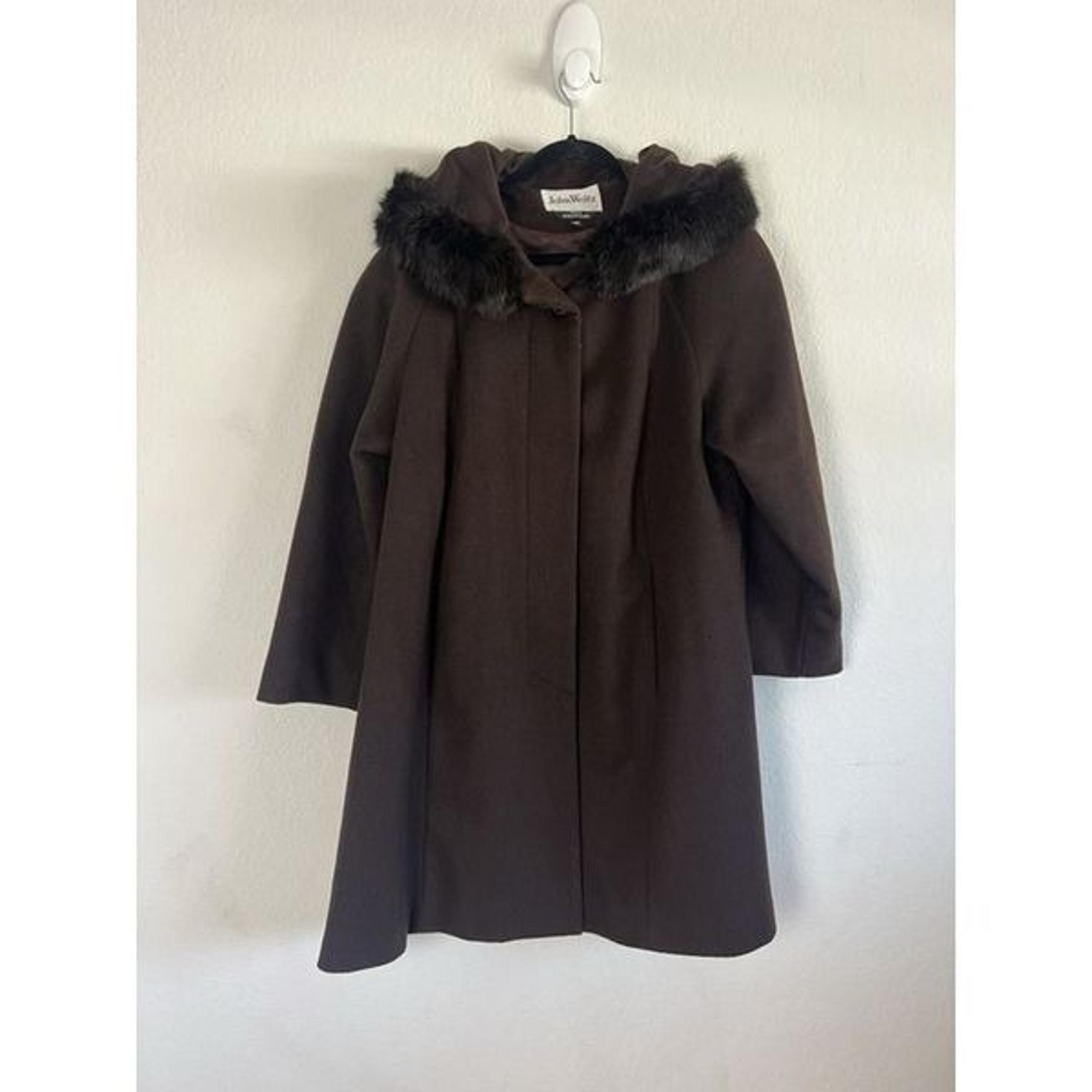 John Weitz Vintage Brown Wool Rabbit Fur Trim Hooded Wool Over Coat Size 14P