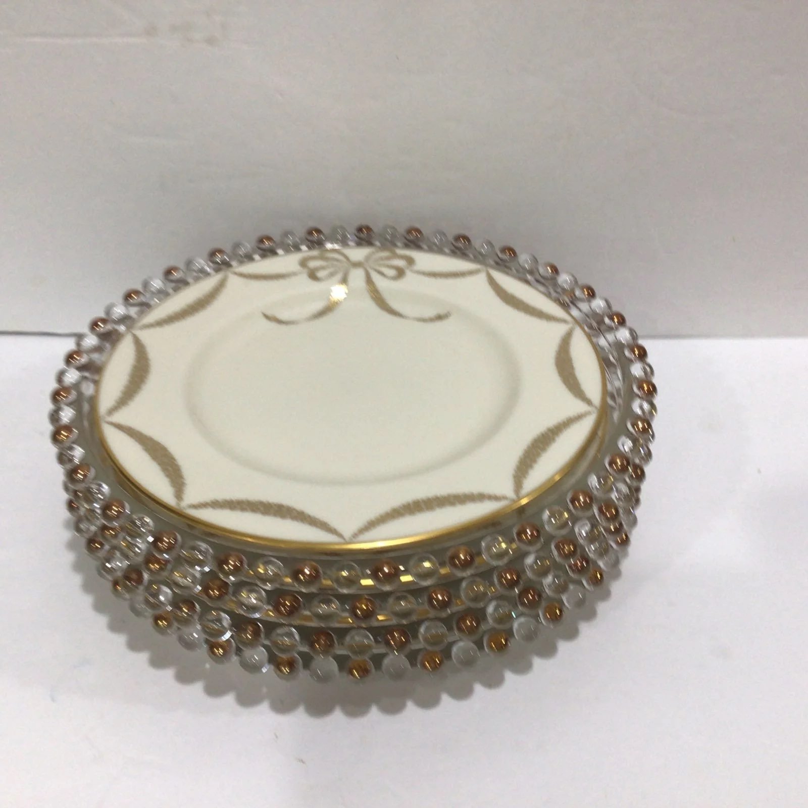 4 Lenox Presentation Ivory Salad Plates 4 Glass Gold Beaded Charger Plates
