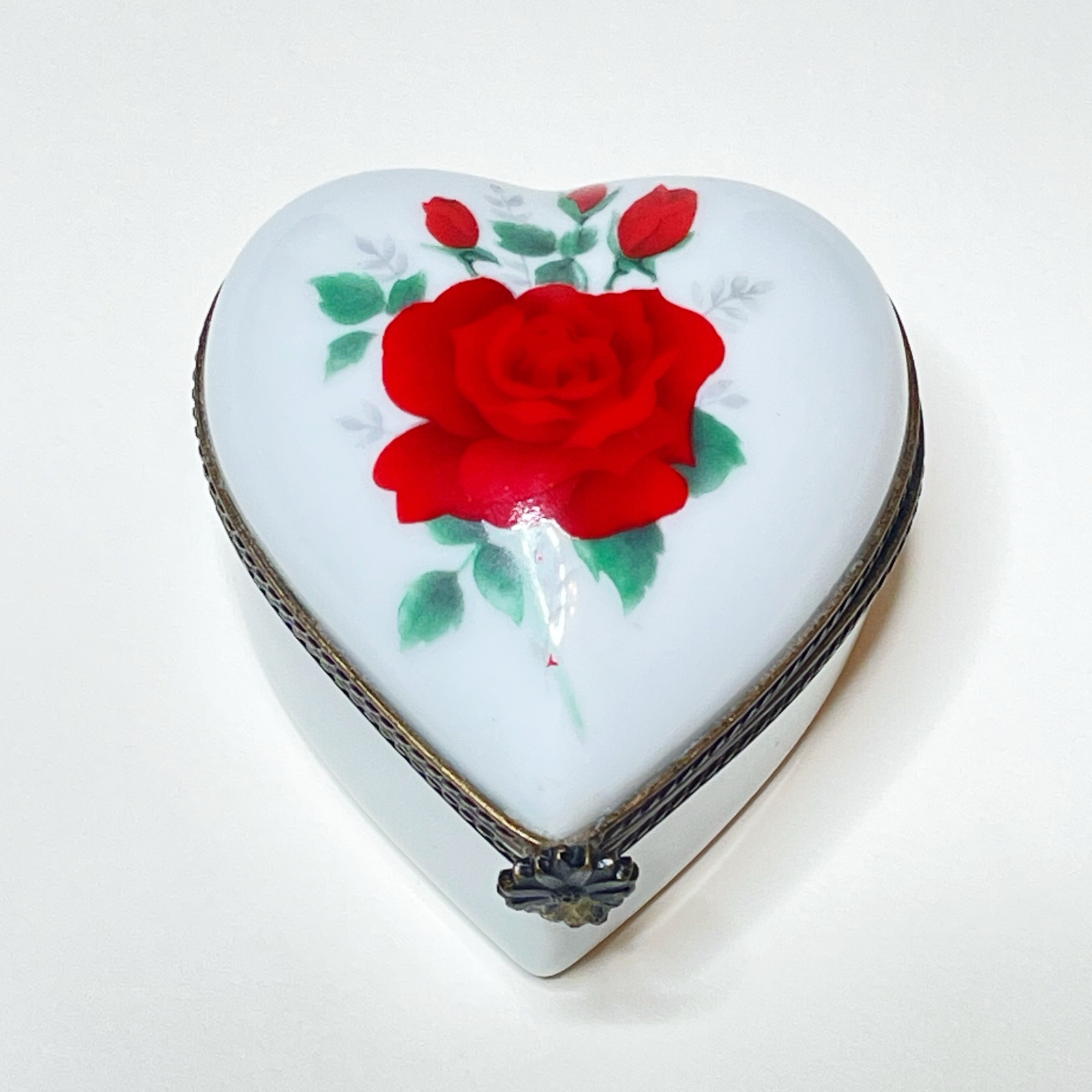 Limoges Box Heart Shape Rose Hand Painted Porcelain Valentine Trinket